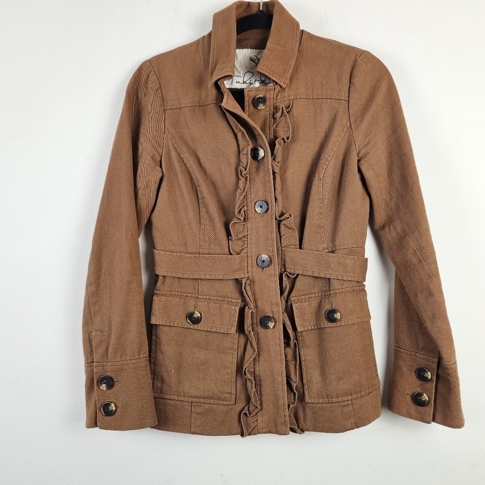Tabitha Retro Brown Canvas Ruffle Button Front Peacoat Pockets Anthropologie 2